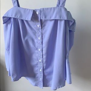 blue and white striped off the shoulder blouse